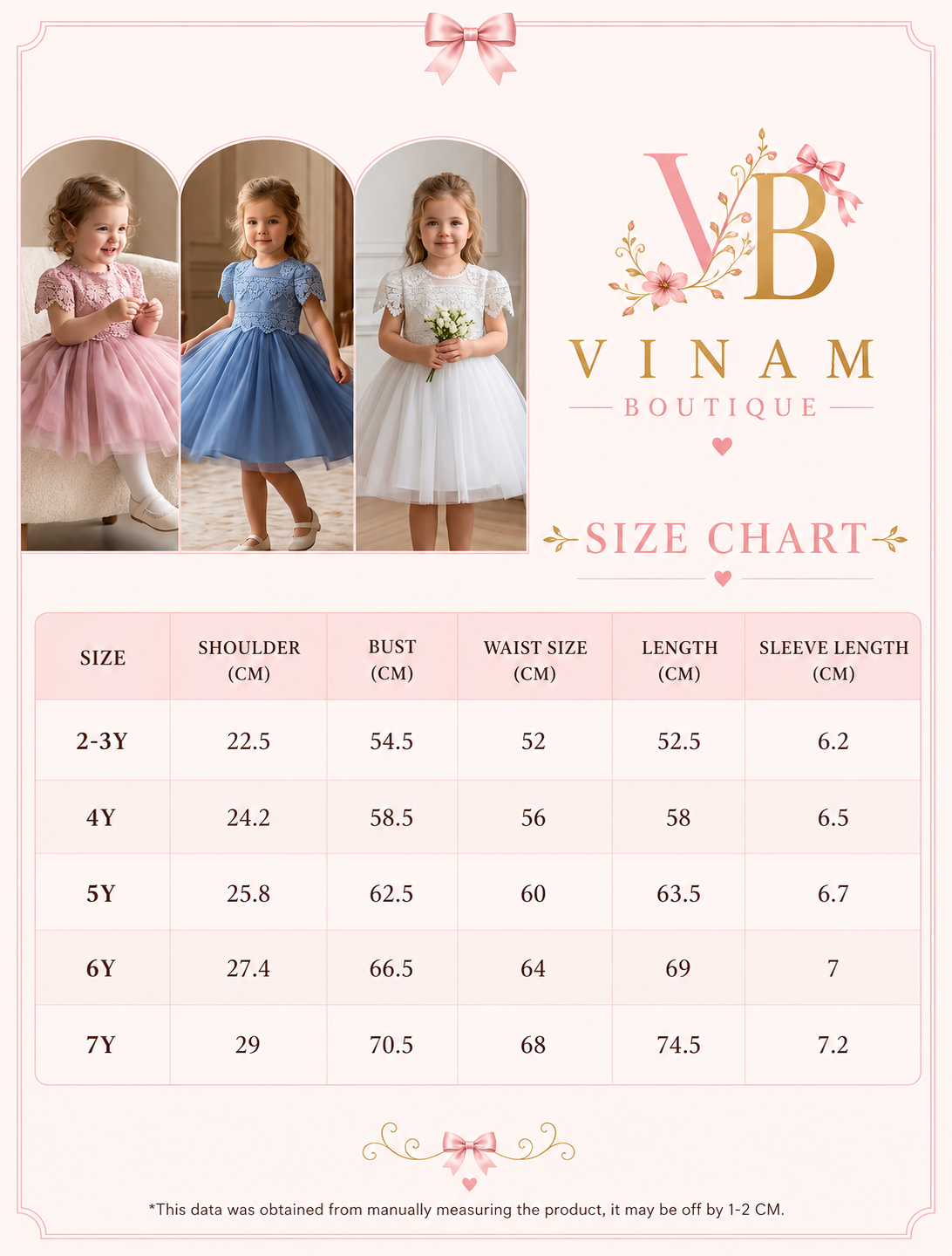 A size chart graphic for Vinam Boutique dress sizing, featuring three photos of young girls wearing pink, blue, and white dresses above a measurement table with sizes 2-3Y to 7Y and measurements in centimeters.