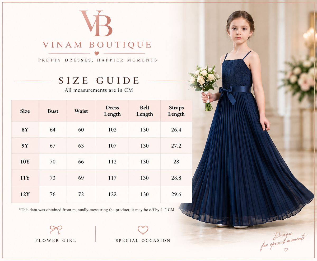 Vinam Boutique size guide for navy blue flower girl dress in sizes 8Y to 12Y