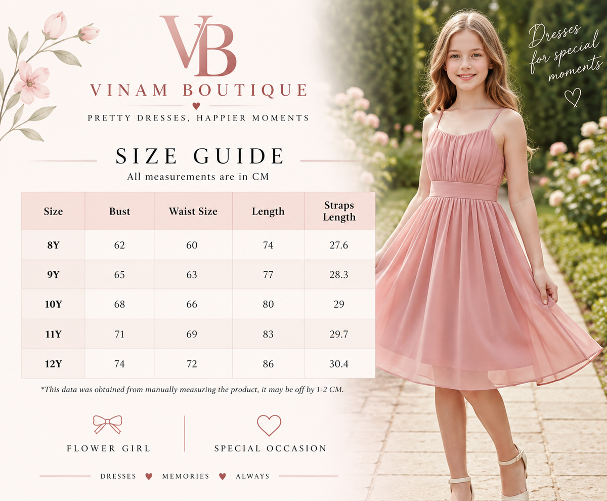 Girl wearing a Dusty Rose Girls' Dress Flower Girl Dress size chart