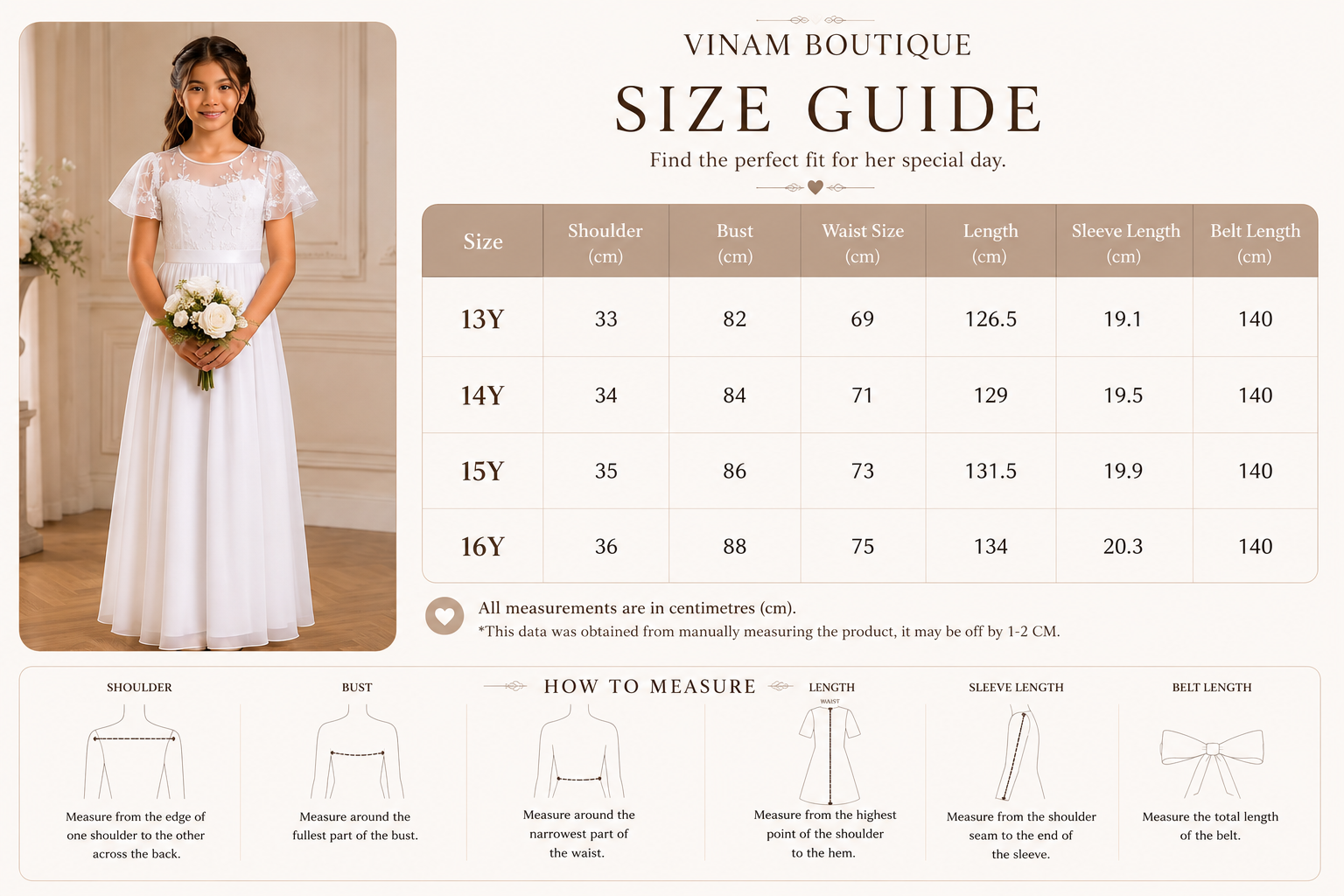 A size guide infographic for a bridal gown by Vinam Boutique, featuring a model wearing a white wedding dress on the left and a size measurement table on the right with measurements for sizes 13Y to 16Y. Below the table are line drawings illustrating how to measure shoulder, bust, waist, length, sleeve length, and belt length.