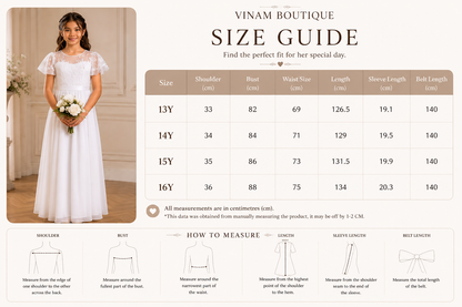 A size guide infographic for a bridal gown by Vinam Boutique, featuring a model wearing a white wedding dress on the left and a size measurement table on the right with measurements for sizes 13Y to 16Y. Below the table are line drawings illustrating how to measure shoulder, bust, waist, length, sleeve length, and belt length.