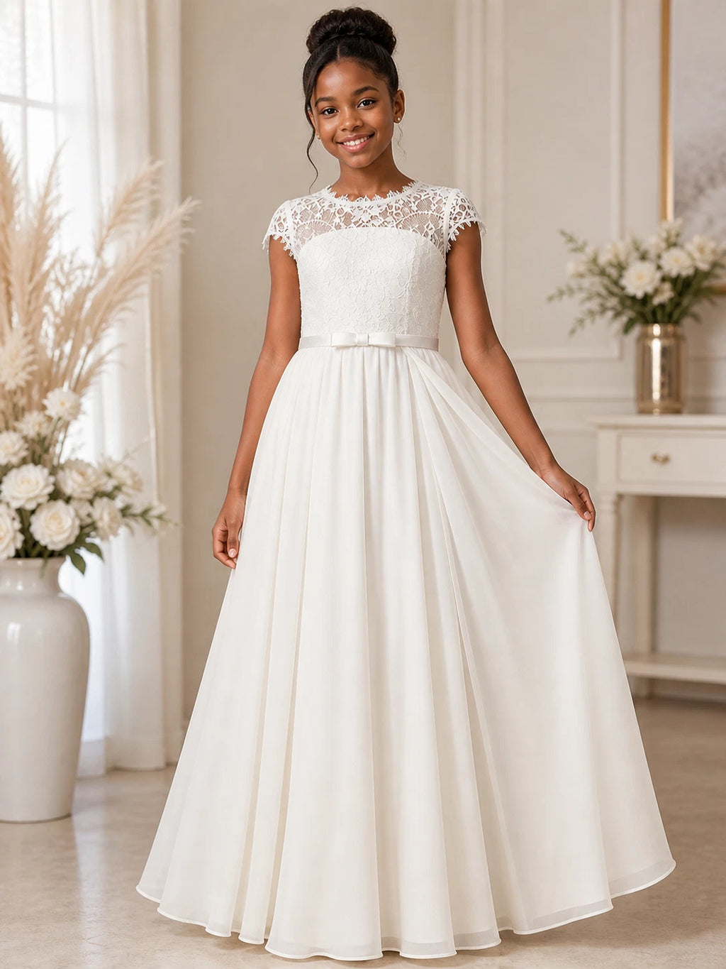 Young girl wearing a white dress with lace top in a decorated room.