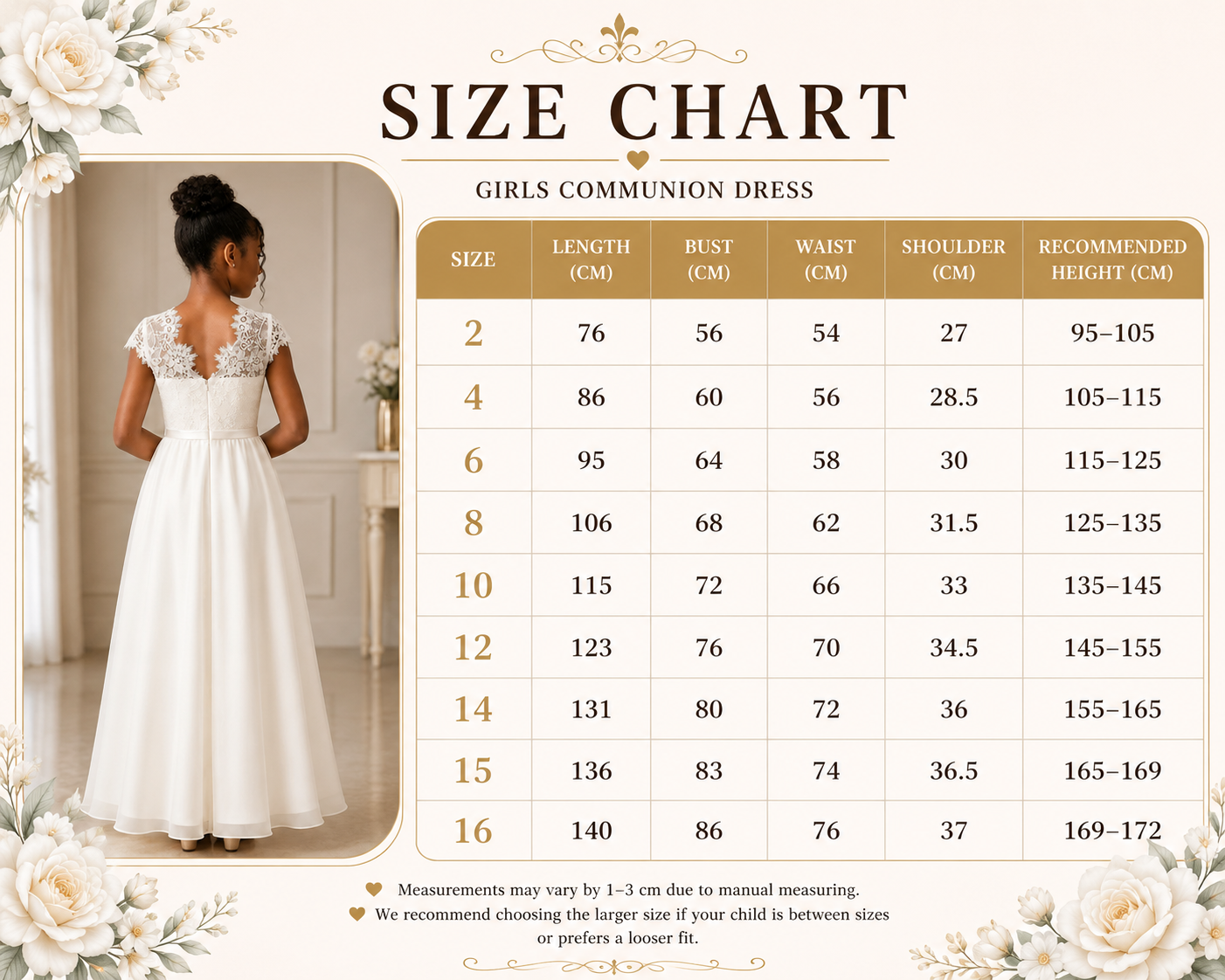 Size chart for girls' communion dress with a model wearing the dress.