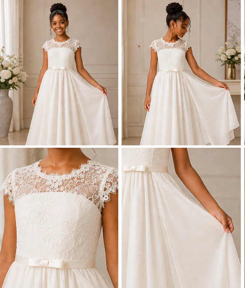 White wedding dress with lace details shown from multiple angles.
