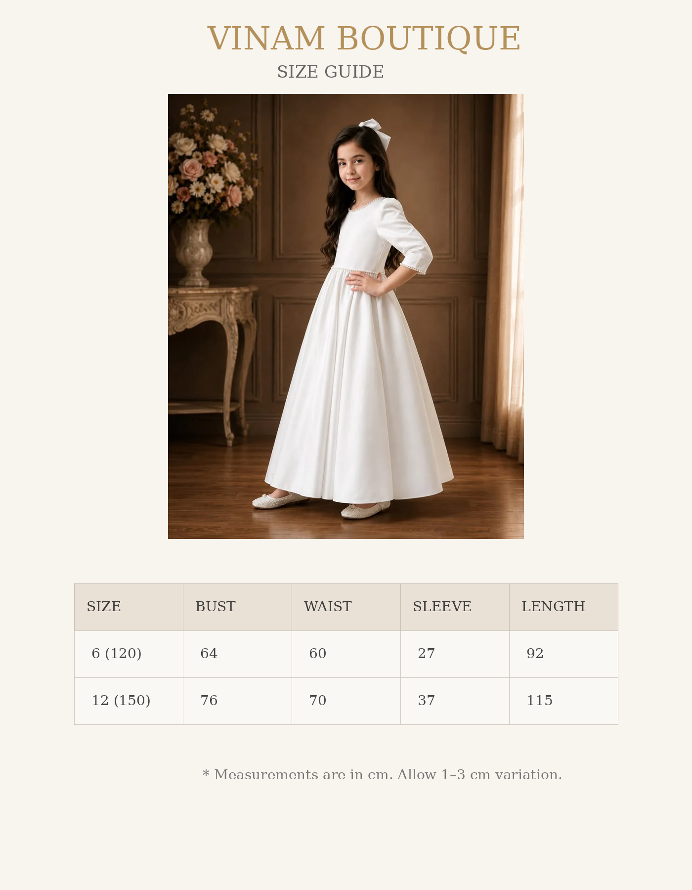 Girl wearing a white dress with size guide measurements on a white background