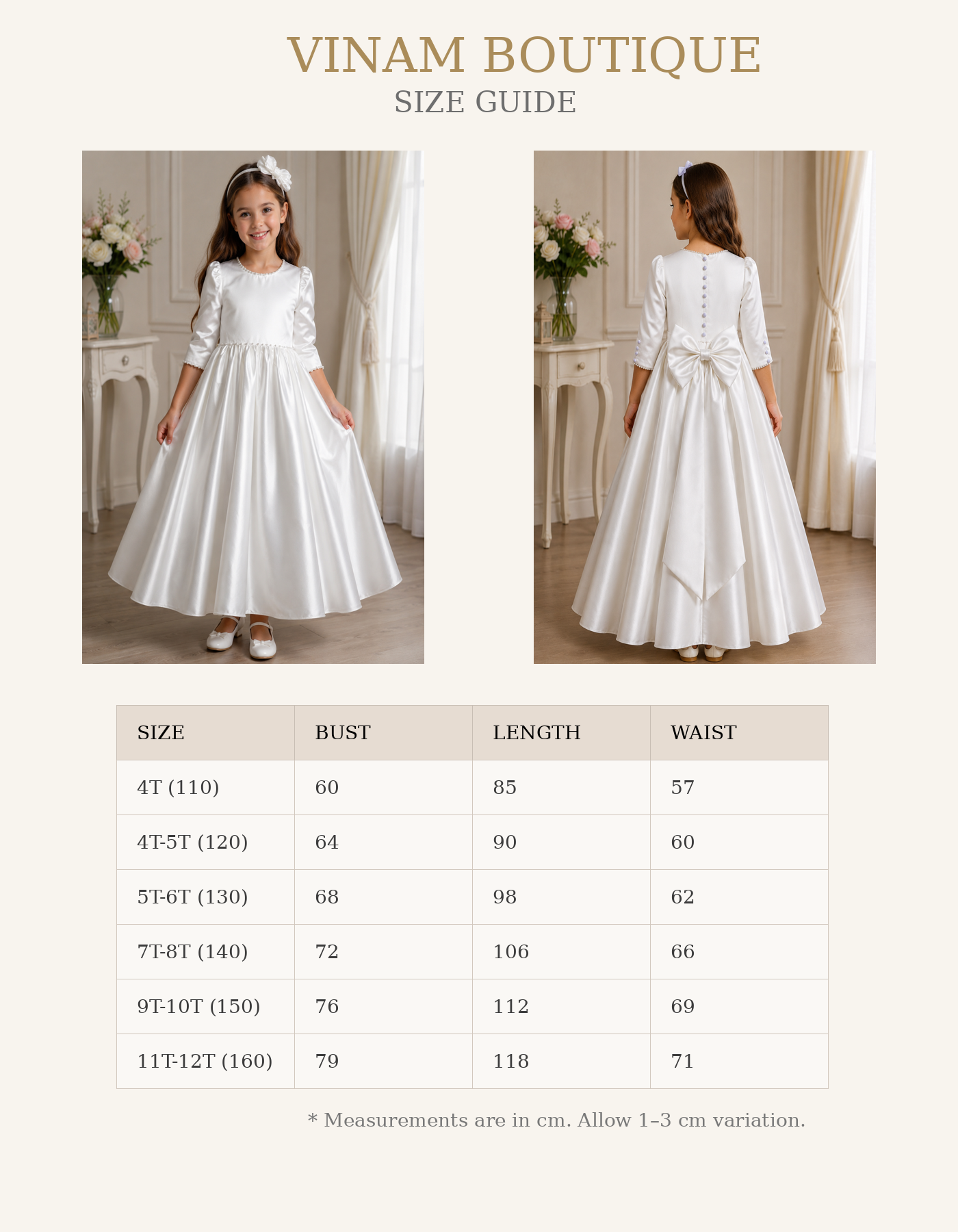 White dress size guide with measurements for children, featuring a girl wearing the dress.