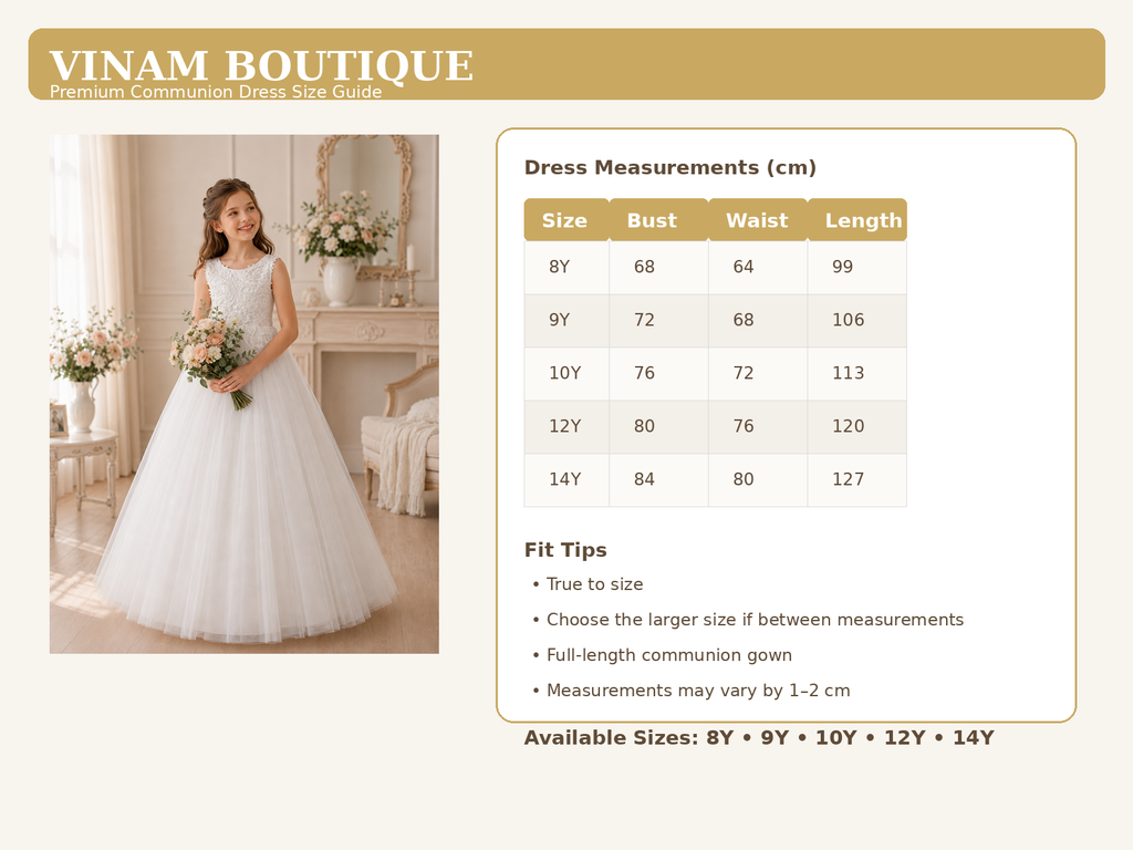 Dress measurements chart for a communion gown with a model wearing the gown on the left.