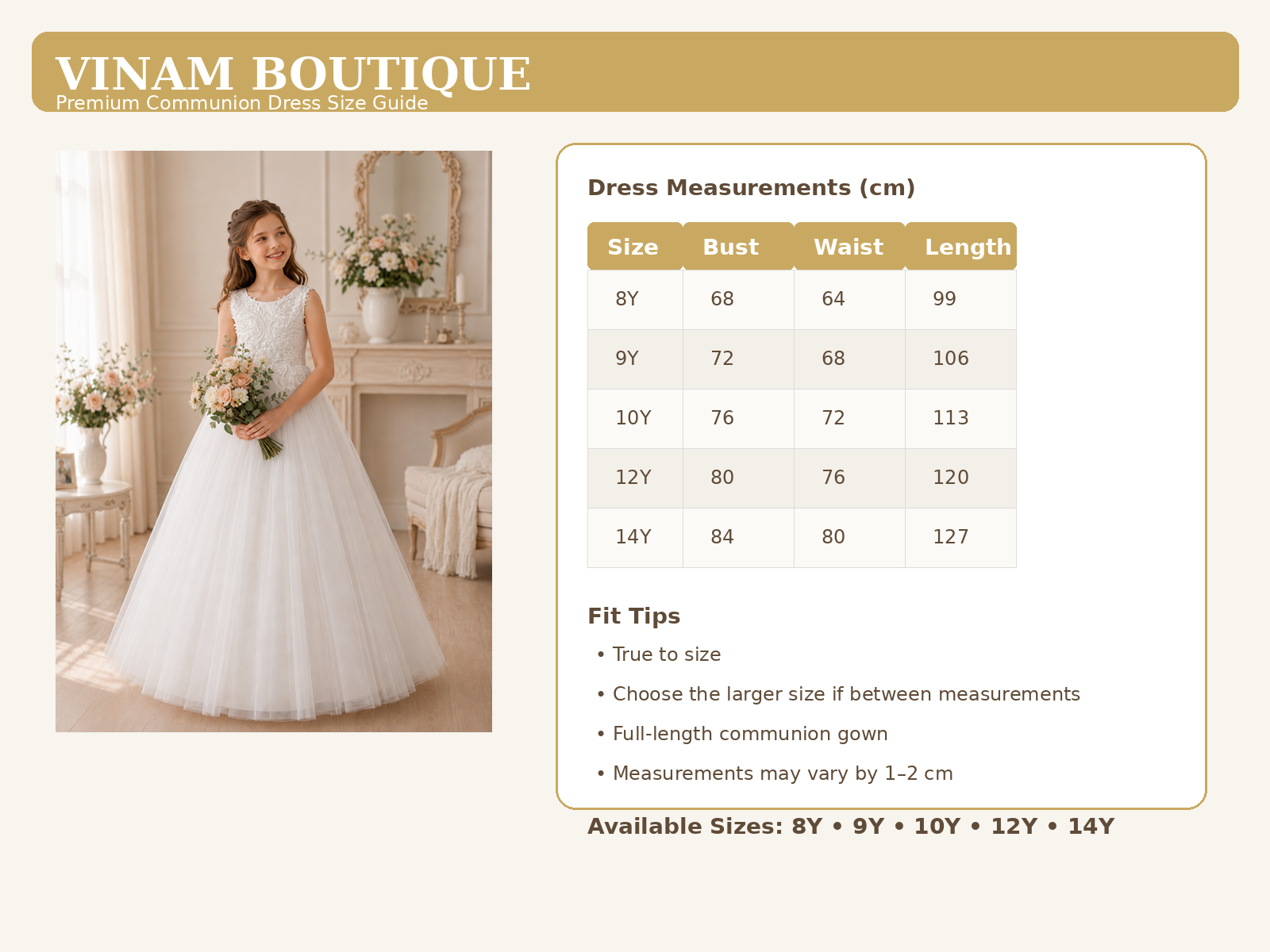 Dress measurements chart for a communion gown with a model wearing the gown on the left.