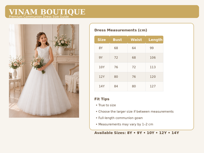 Dress measurements chart for a communion gown with a model wearing the gown on the left.