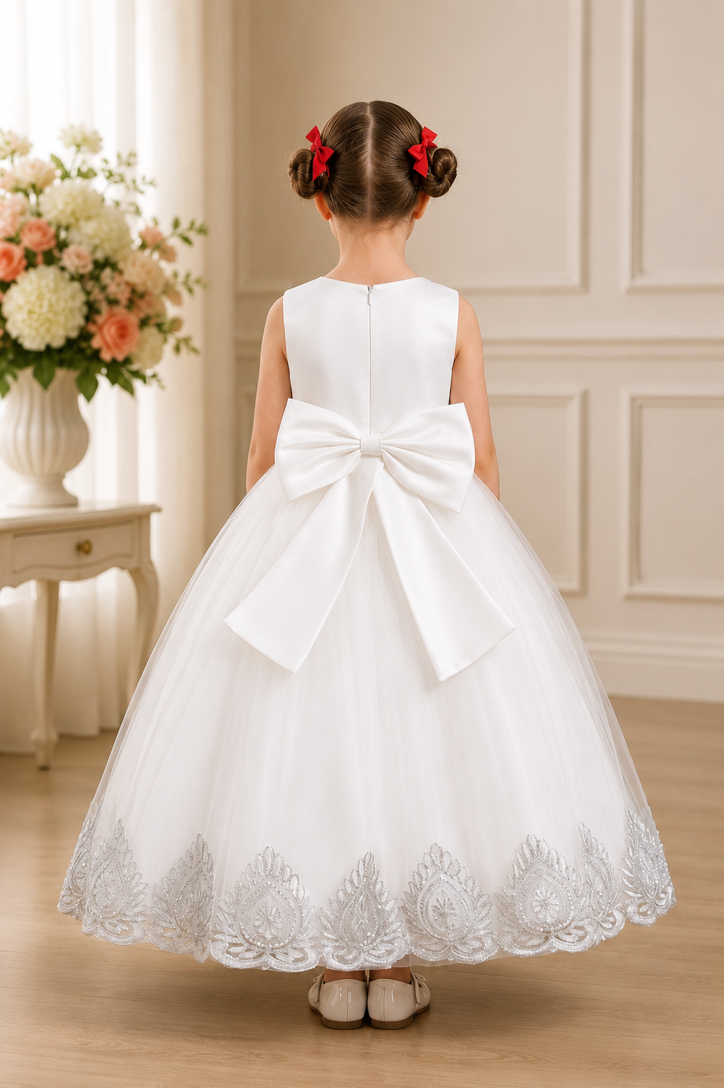 Young girl in a white lace dress with a large bow standing in a room with decorative wall and flowers.