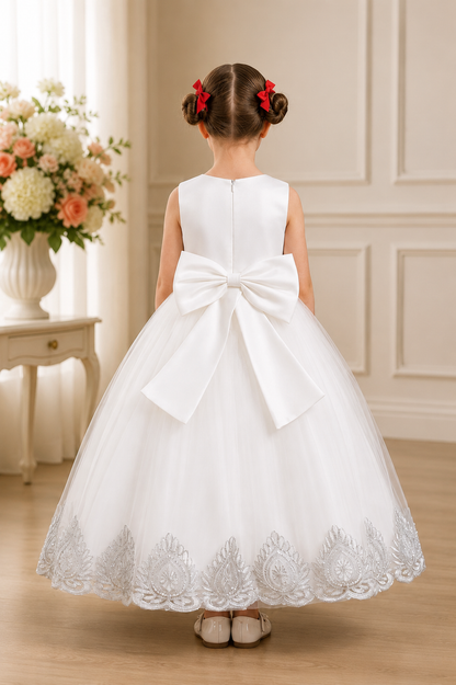 Young girl in a white lace dress with a large bow standing in a room with decorative wall and flowers.