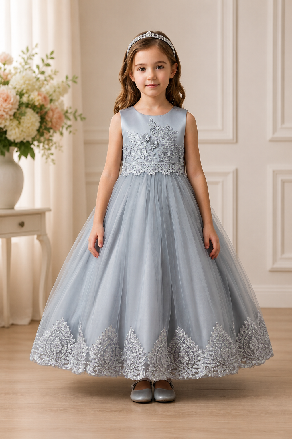 Young girl in a grey dress with lace details standing indoors.