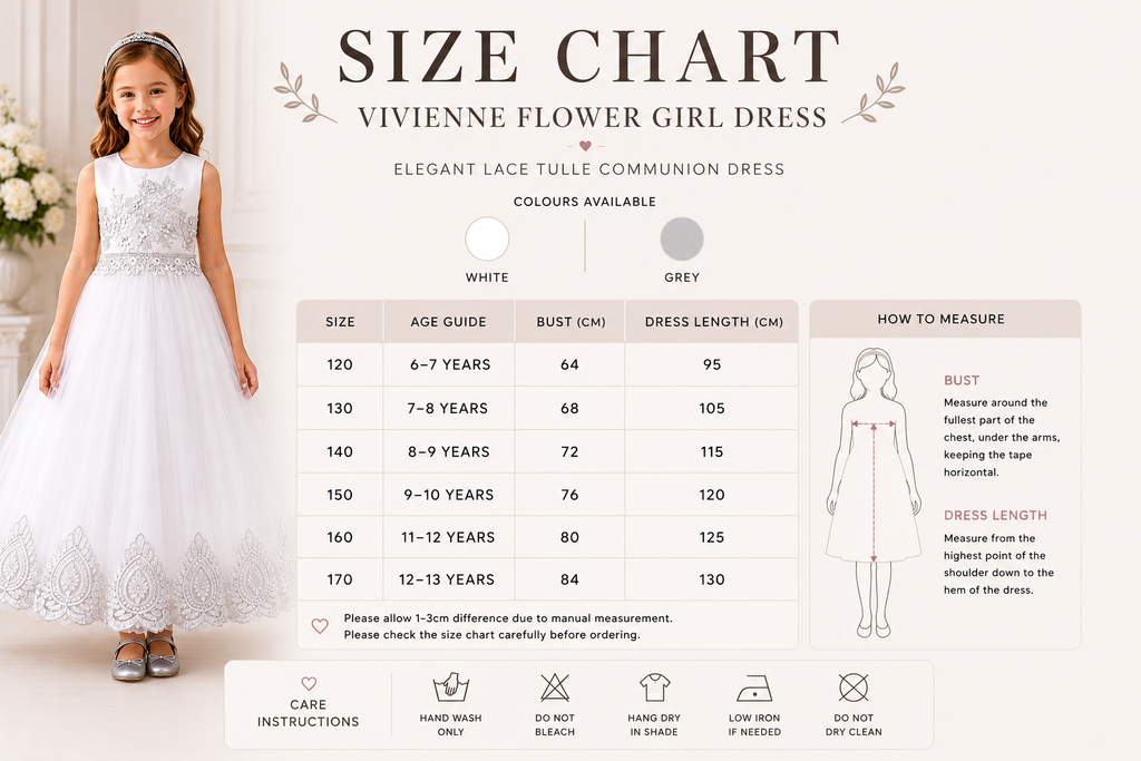 Size chart for Vivienne Flower Girl Dress with a young girl wearing the dress.