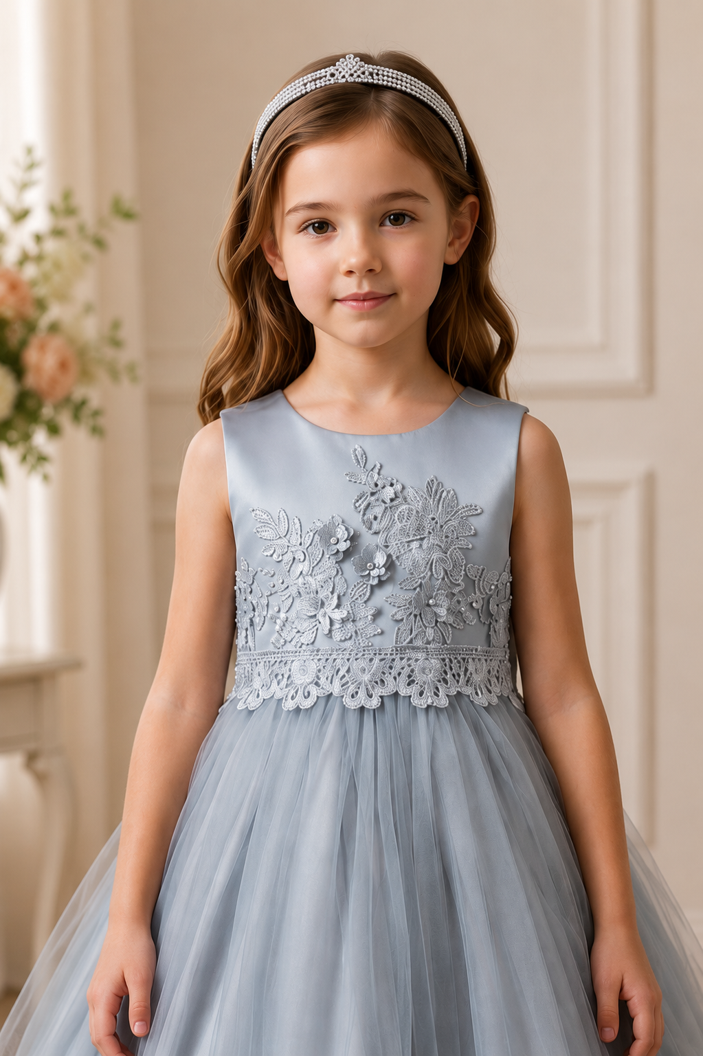 Young girl in a grey floral dress standing indoors with a neutral background