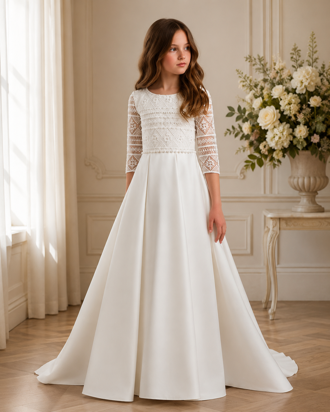 Front view of girl wearing a white bridal satin dress 