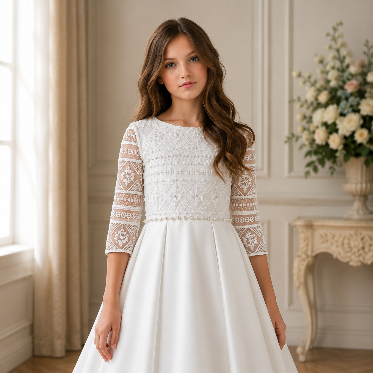 girl wearing a white bridal satin dress 