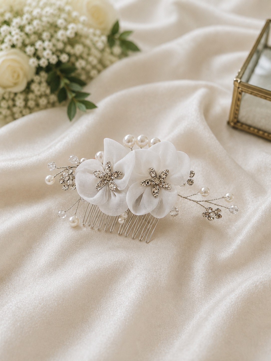Decorative hair comb with flowers and pearls on a soft fabric background