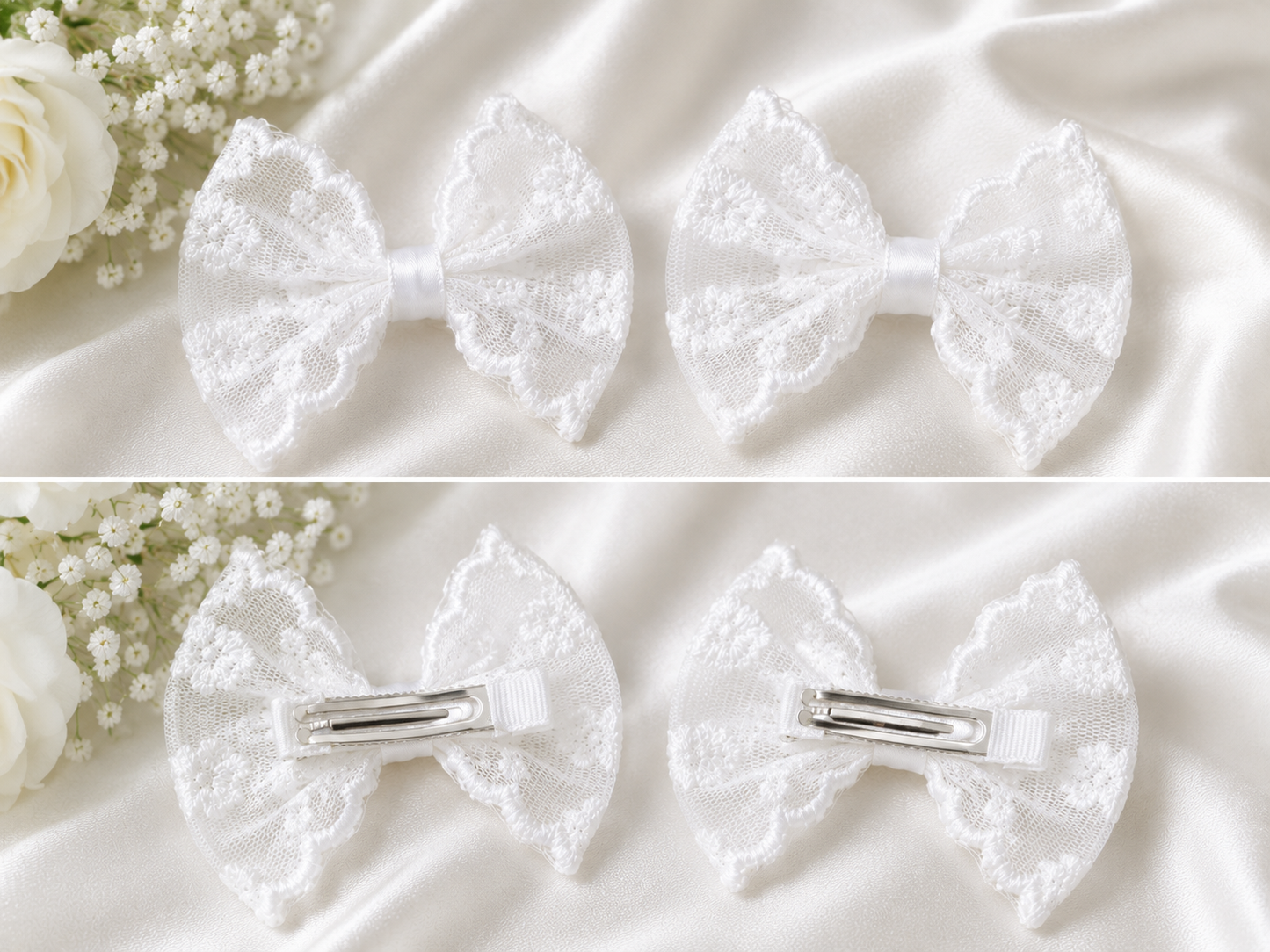 Two pairs of white lace hair bows on a soft fabric background with flowers.