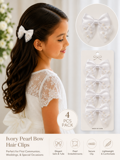 Girl with ivory pearl bow hair clips and packaging on a white background