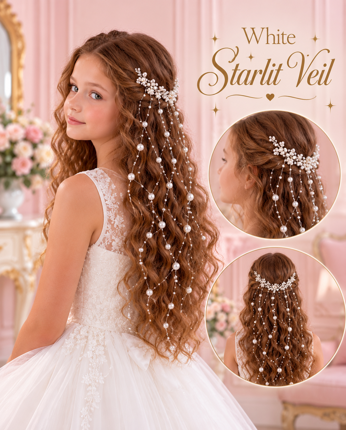White Starlit Veil pearl hairpiece with cascading beaded strands, shown from the side and back.