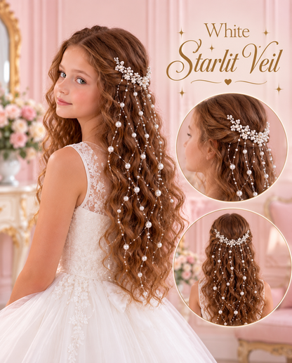 White Starlit Veil pearl hairpiece with cascading beaded strands, shown from the side and back.