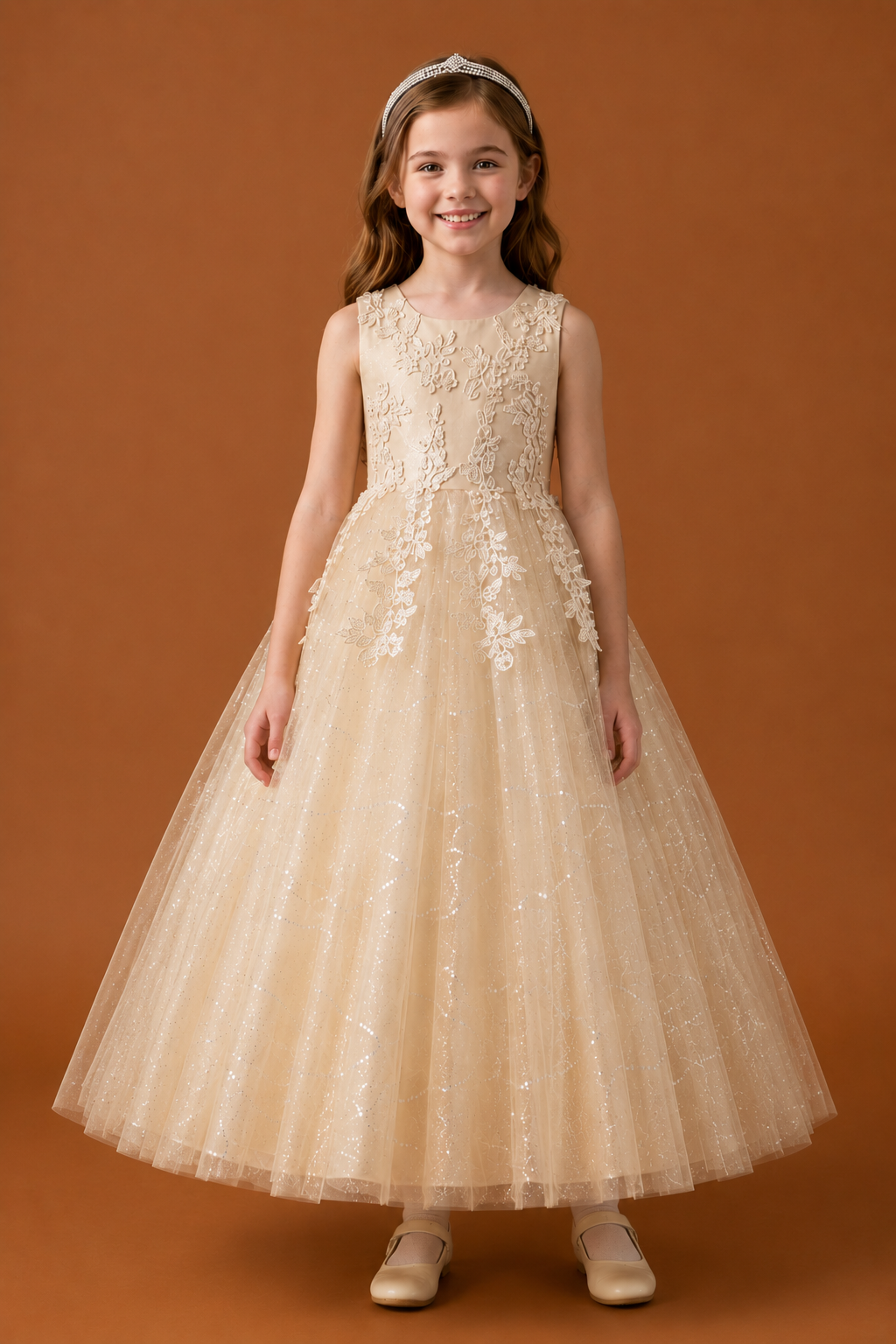 Gold flower girl tulle dress for girls formal occasions