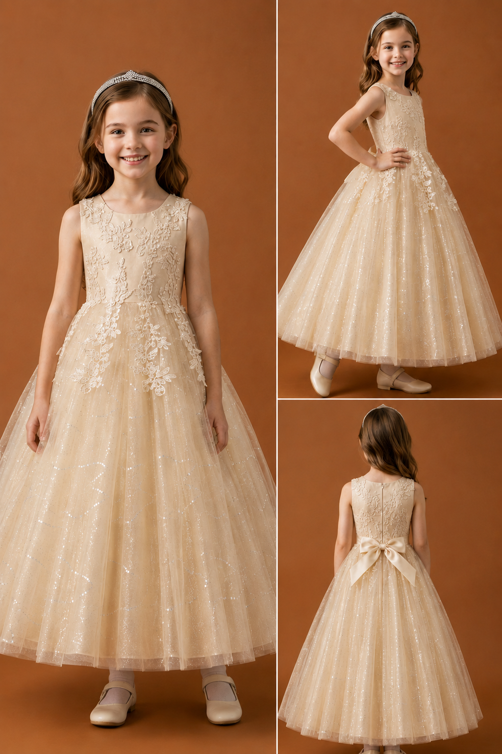 gold flower girl tulle dress for girls formal occasions