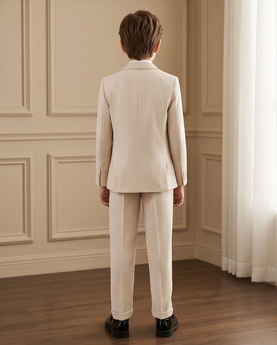 Boys’ Beige 4-Piece Formal Suit – Coat, Waistcoat, Trousers & Bow Tie