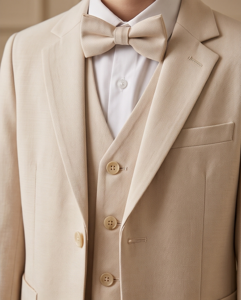 Boys’ Beige 4-Piece Formal Suit – Coat, Waistcoat, Trousers & Bow Tie
