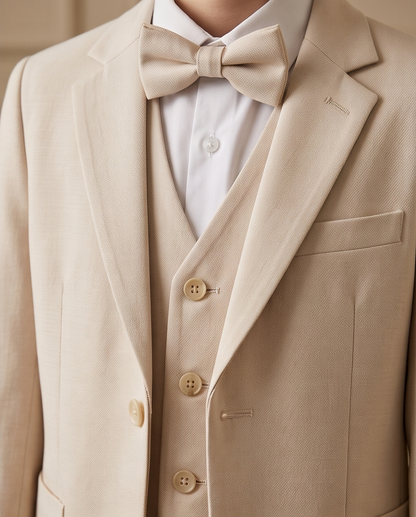 Boys’ Beige 4-Piece Formal Suit – Coat, Waistcoat, Trousers & Bow Tie