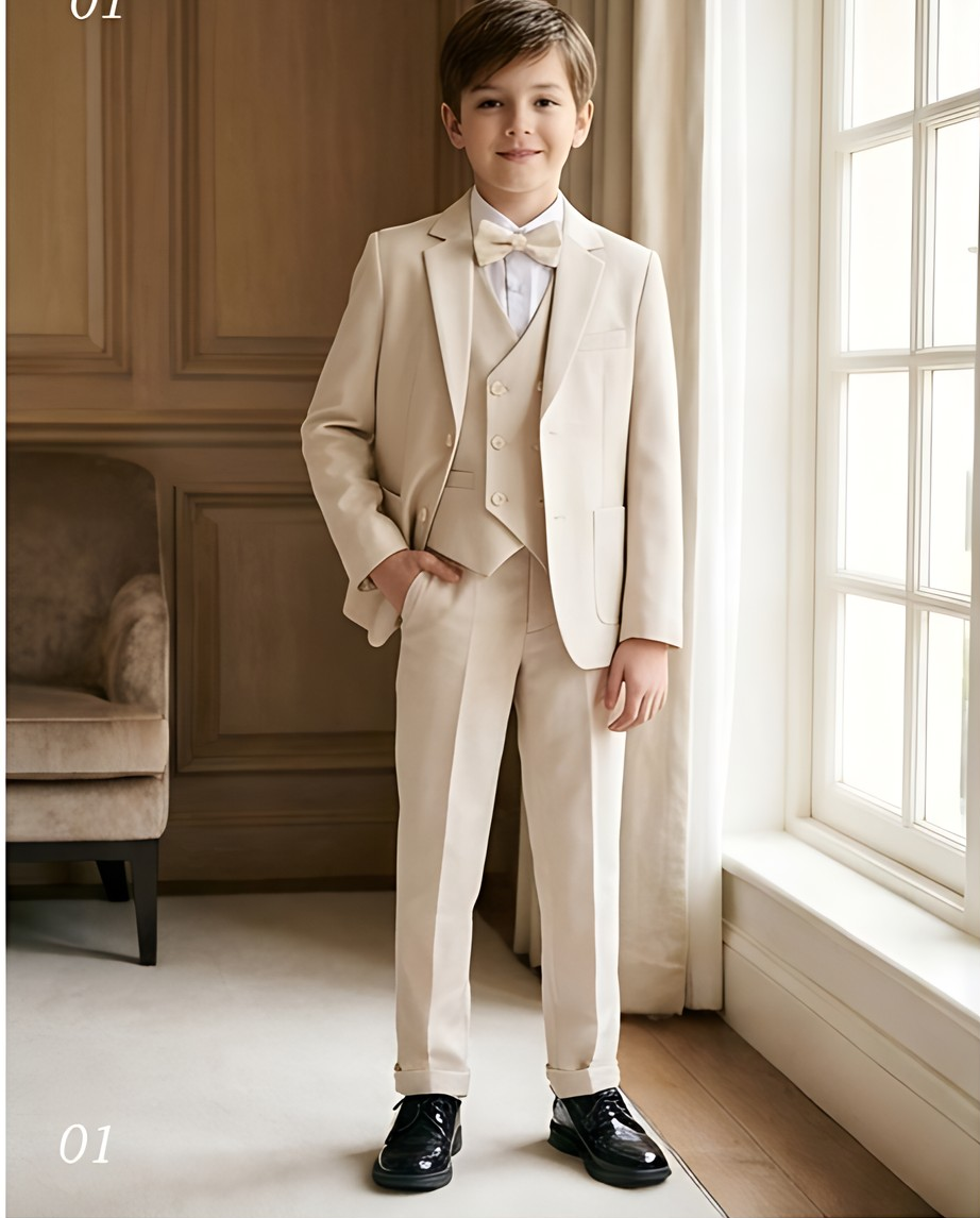 Boys’ Beige 4-Piece Formal Suit – Coat, Waistcoat, Trousers & Bow Tie