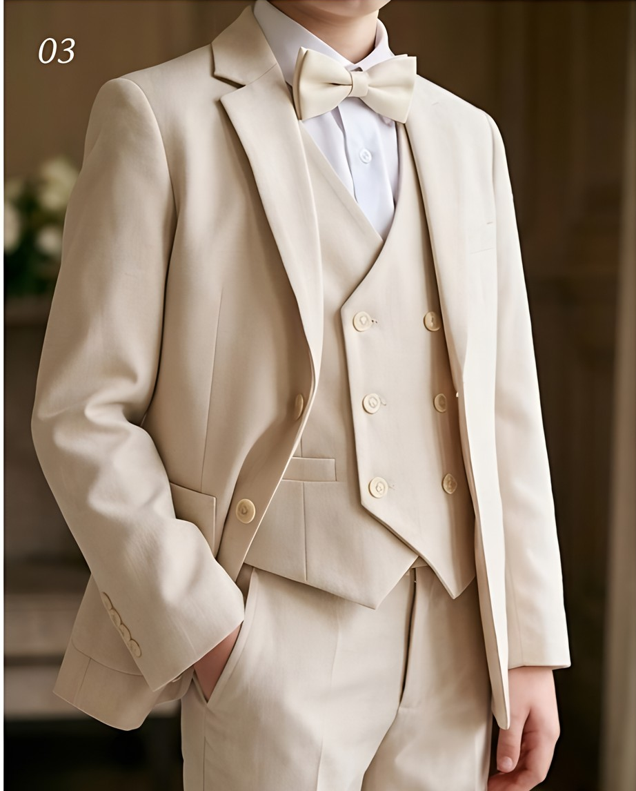 Boys’ Beige 4-Piece Formal Suit – Coat, Waistcoat, Trousers & Bow Tie