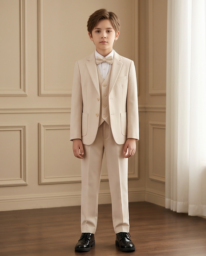 Boys’ Beige 4-Piece Formal Suit – Coat, Waistcoat, Trousers & Bow Tie