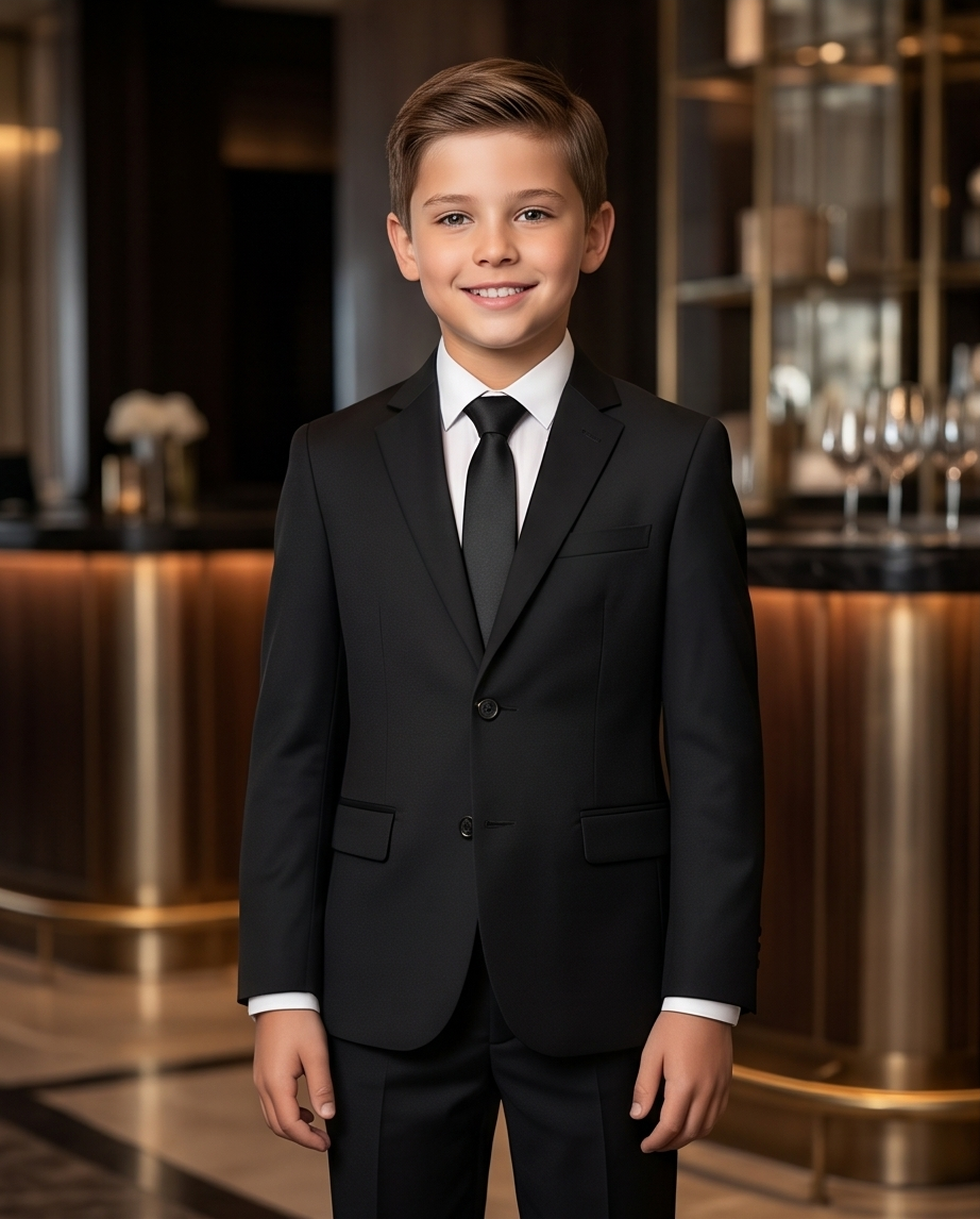 Boys’ Black 4-Piece Formal Suit – Jacket, Trousers, Tie & Bow Tie