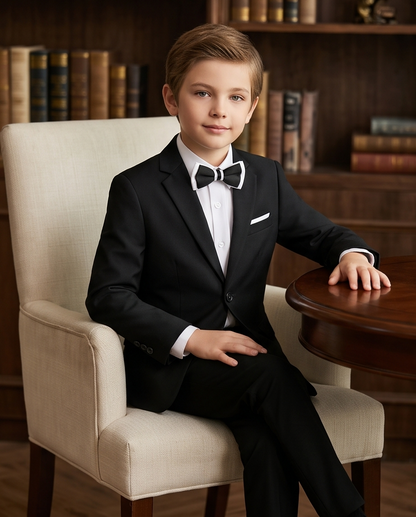 Boys’ Black 4-Piece Formal Suit – Jacket, Trousers, Tie & Bow Tie