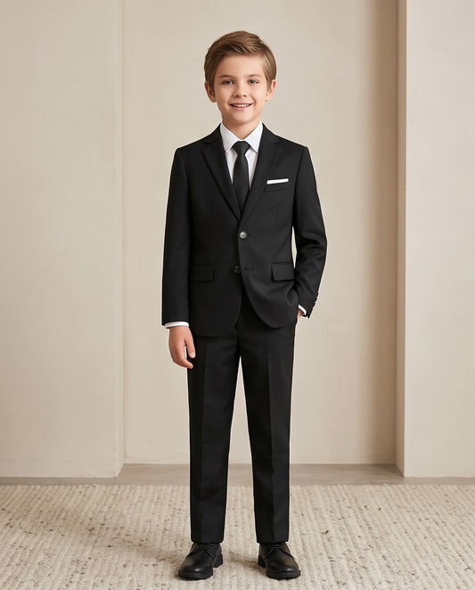 Boys’ Black 4-Piece Formal Suit – Jacket, Trousers, Tie & Bow Tie