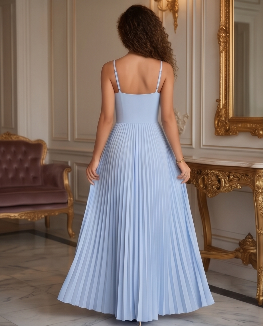 Women’s powder blue maxi dress with a draped cowl neckline, spaghetti straps and a flowing pleated skirt