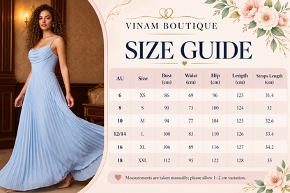 VINAM BOUTIQUE powder blue pleated maxi dress size guide with bust, waist, hip, length and strap measurements in centimetres