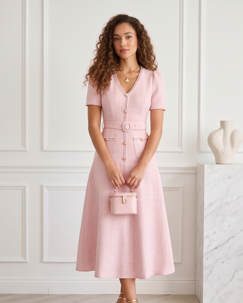Women’s blush pink belted A-line dress with short sleeves, V-neckline and gold-tone button detailing