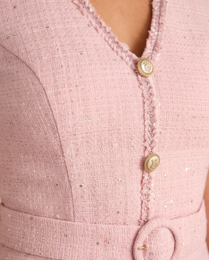 Women’s blush pink belted A-line dress with short sleeves, V-neckline and gold-tone button detailing