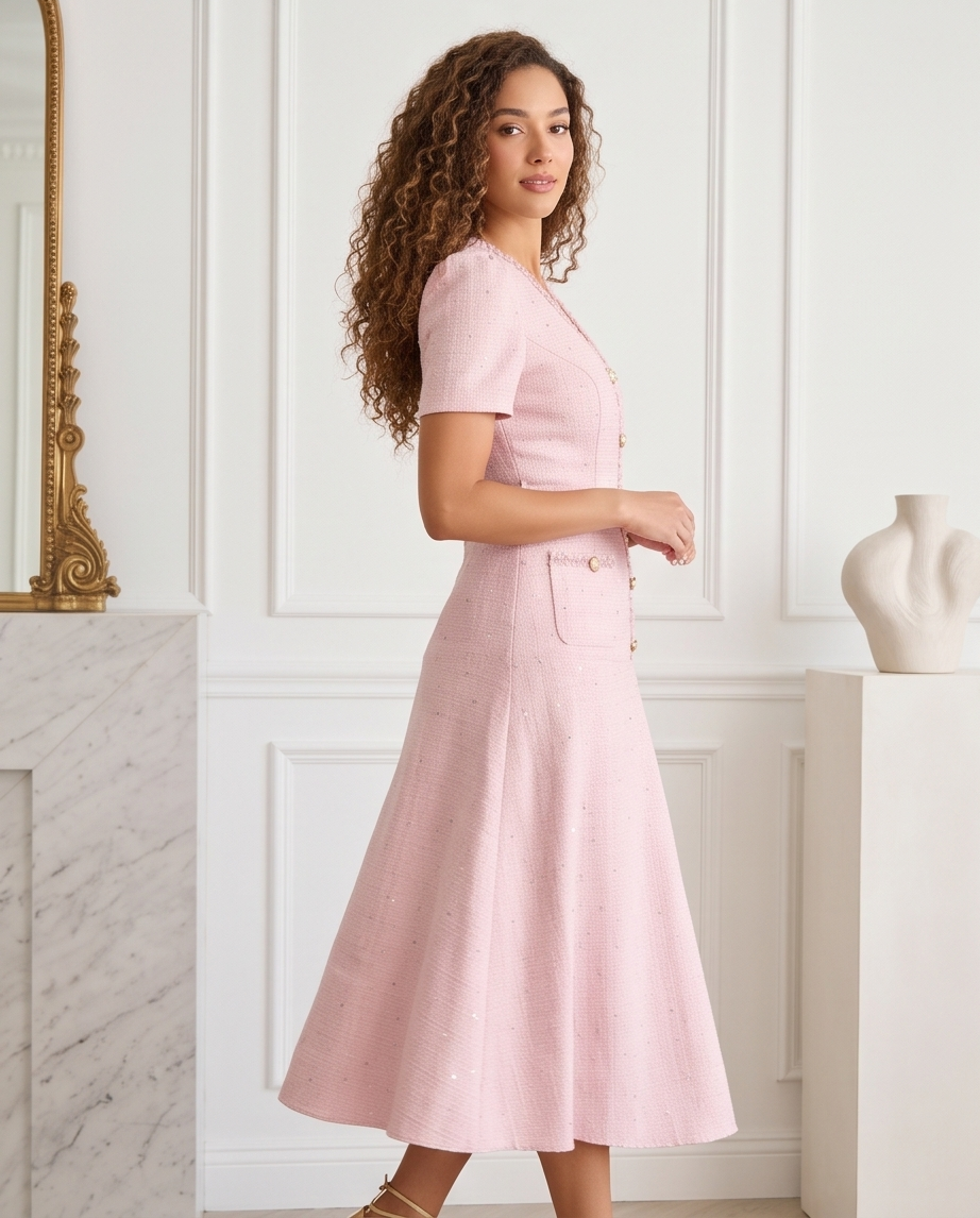 Women’s blush pink belted A-line dress with short sleeves, V-neckline and gold-tone button detailing