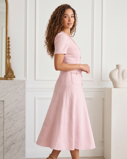 Women’s blush pink belted A-line dress with short sleeves, V-neckline and gold-tone button detailing