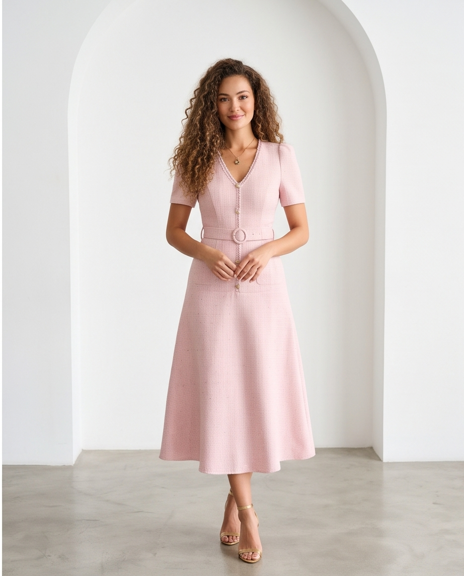 Women’s blush pink belted A-line dress with short sleeves, V-neckline and gold-tone button detailing