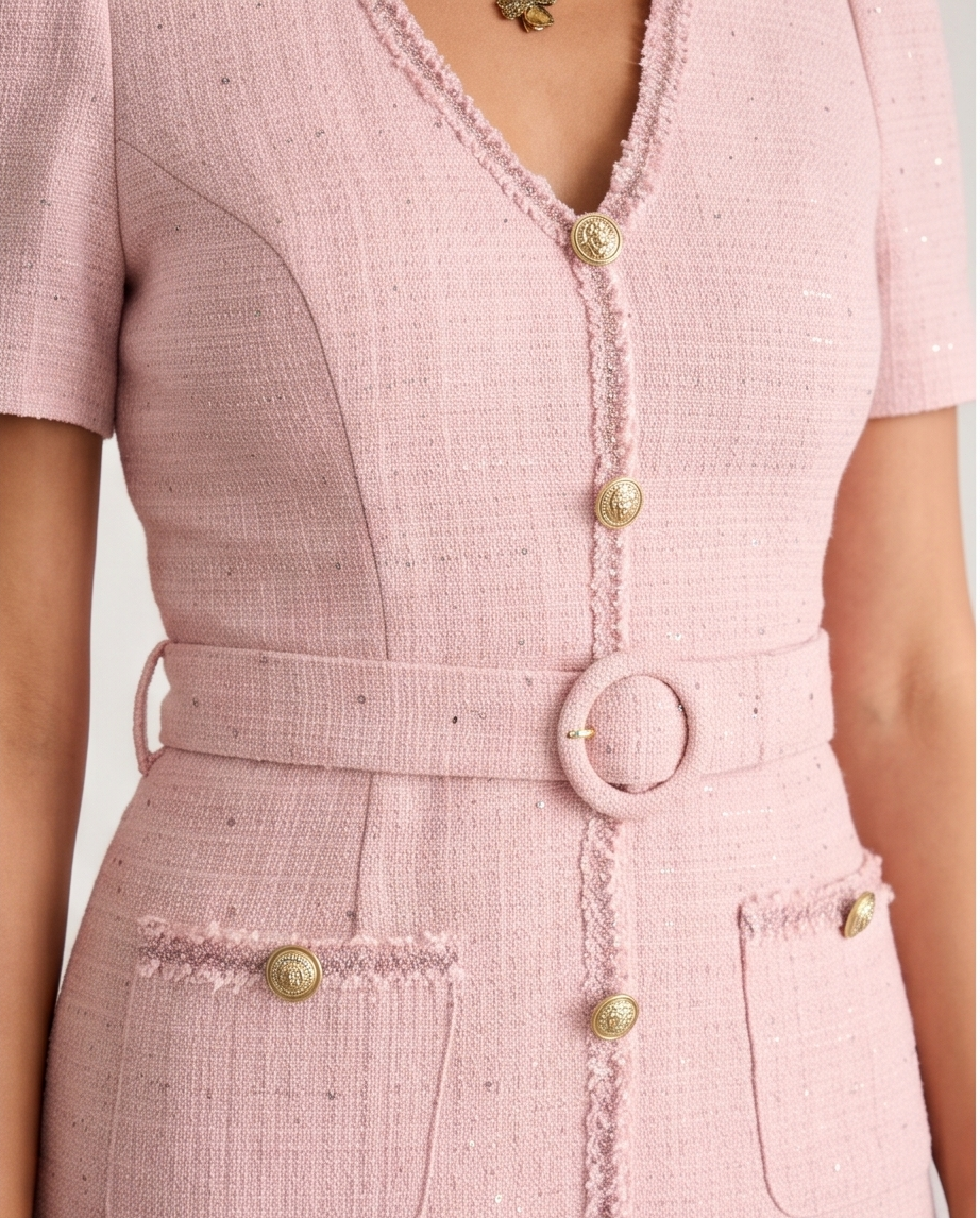 Women’s blush pink belted A-line dress with short sleeves, V-neckline and gold-tone button detailing