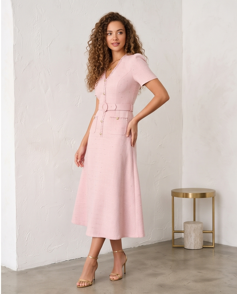 Women’s blush pink belted A-line dress with short sleeves, V-neckline and gold-tone button detailing