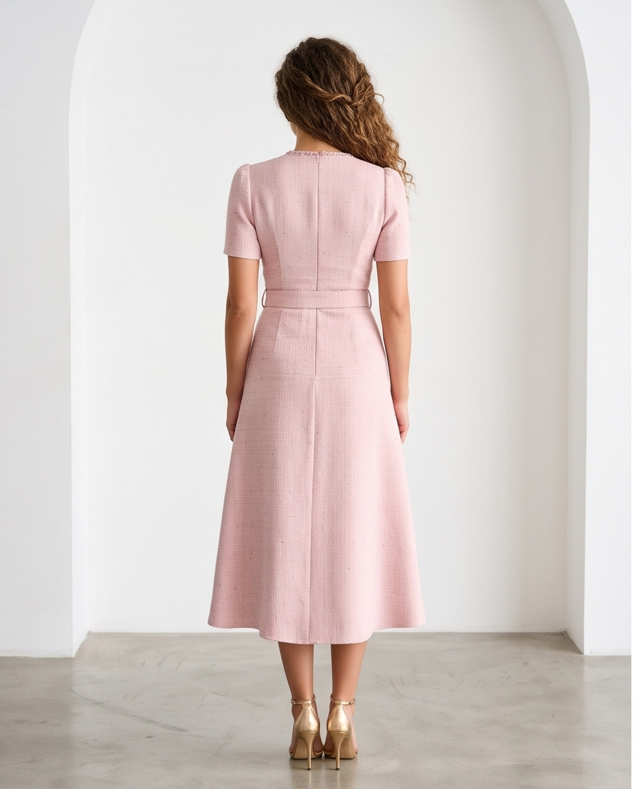 Women’s blush pink belted A-line dress with short sleeves, V-neckline and gold-tone button detailing