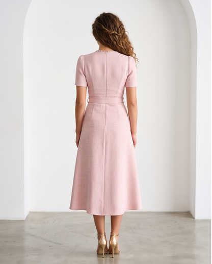Women’s blush pink belted A-line dress with short sleeves, V-neckline and gold-tone button detailing