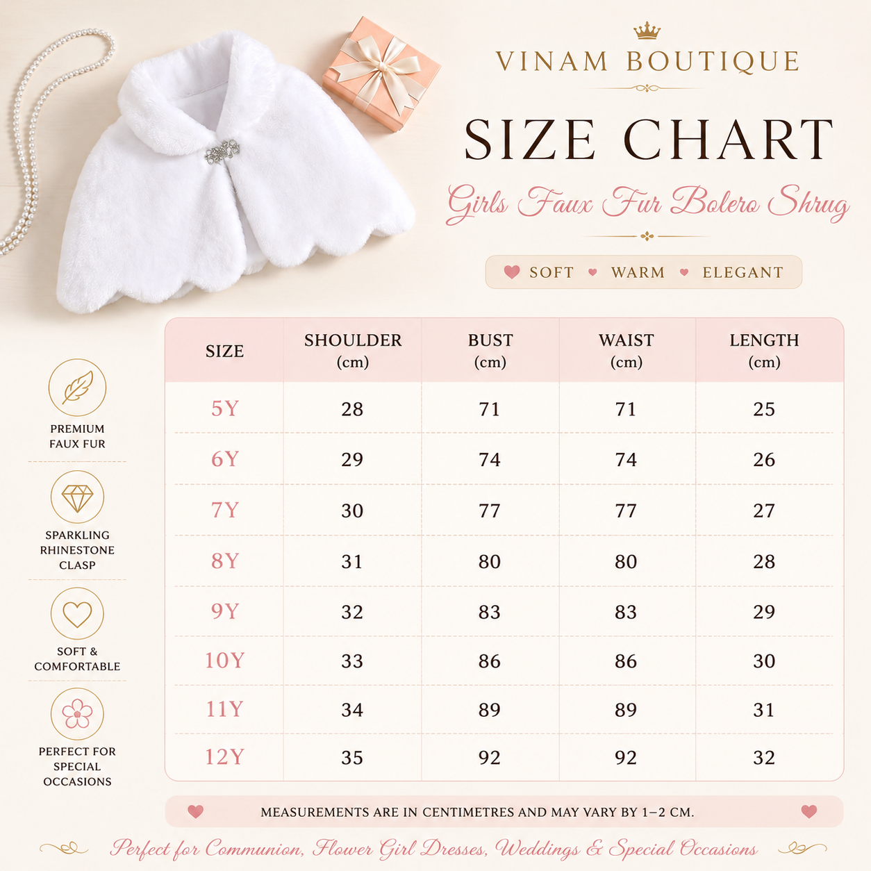 Size chart for girls' faux fur bolero shrug by Vinam Boutique on a light background.