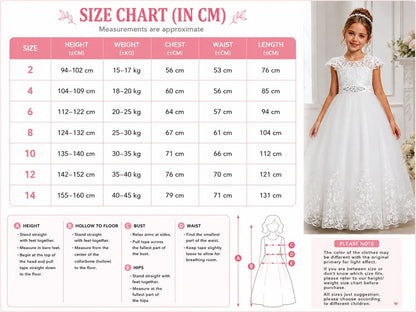 Size chart with Young girl wearing a white lace dress with a bow on an orange background