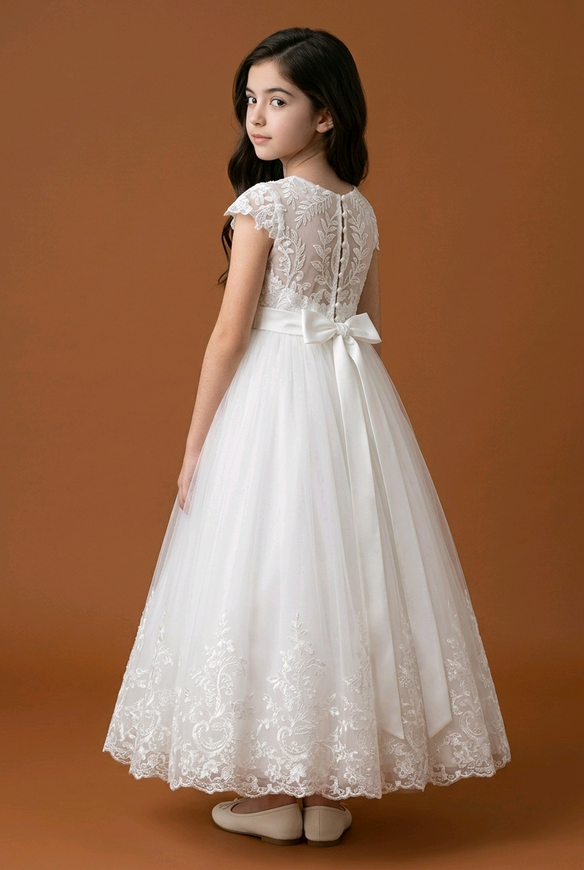 Young girl wearing a white lace dress with a bow on an orange background